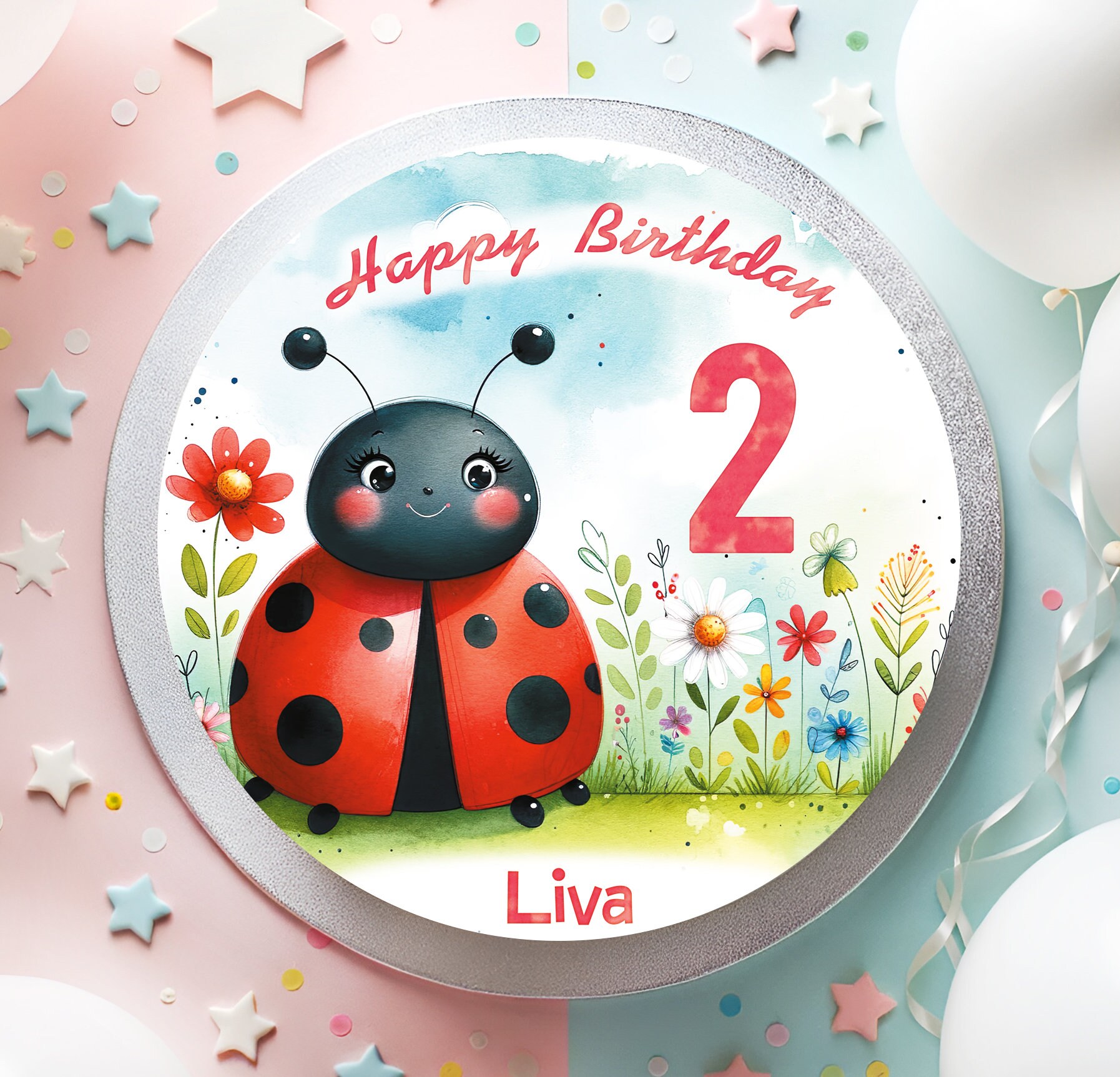 Cake Topper Fondant Birthday Ladybug Flowers Girl Boy
