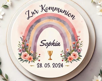 Tortenaufleger Kommunion - Personalisiert mit Regenbogen, Blumen, Kelch, Name und Datum, Festliches Design für besondere Anlässe