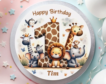 Gepersonaliseerde safari-taarttopper, taarttopper met jungledieren, naam en leeftijd, fondant topper voor een kinderverjaardag