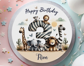Cake topper made of fondant birthday safari zebra giraffe baby lion elephant koala bear cacti butterfly