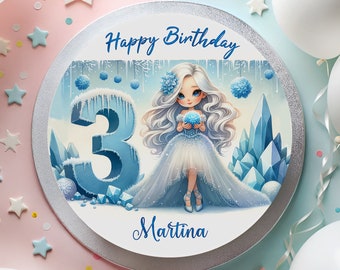 Cake topper made of fondant birthday ice princess snow blue diamond snow globe