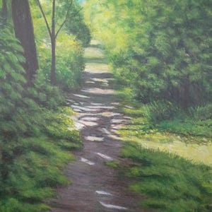 May include: An oil painting depicts a sunlit forest path winding into the distance. Lush green foliage lines the trail, with dappled sunlight creating shadows. The artwork features a palette of greens, browns, and hints of blue in the sky.