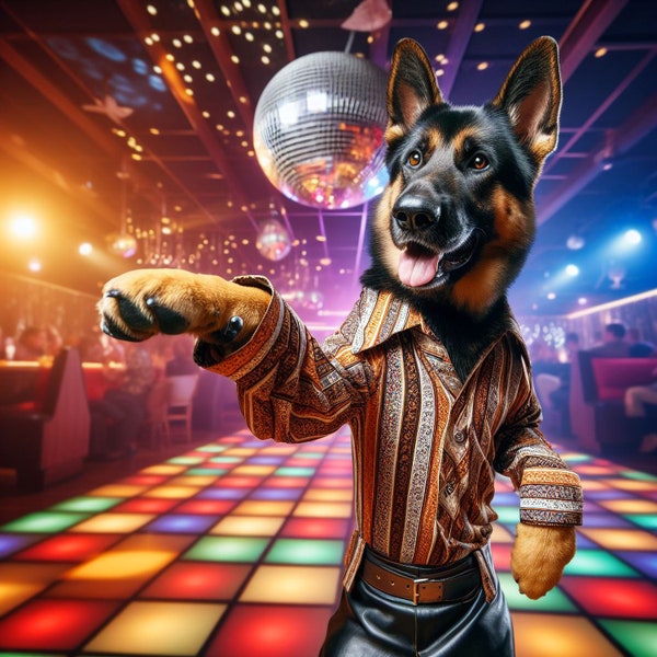 Saturday Night Fever style, German Shepherd 1970s Disco dancer. Digital Download.