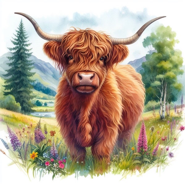 Watercolour Style, Highland Cattle (Kuh) Portrait, Digital Download