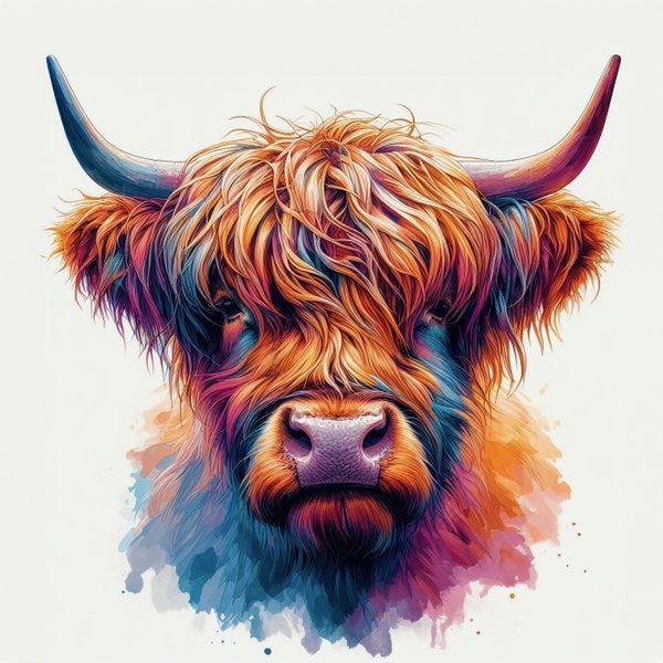 Watercolour Style, Highland Cattle (Kuh) Portrait, Digital Download