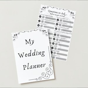 May include: A printable wedding planner with a black and white skull design. The cover says "My Wedding Planner". The planner includes a checklist of questions to ask before getting married.