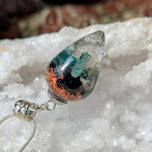 Moss Agate Orgonite Pendant with Herkimer Diamond, Shungite, Selenite, Copper Chop & Fine Metal.