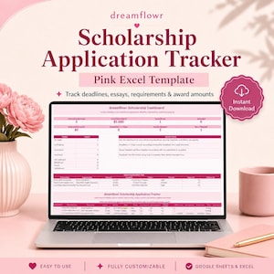 May include: A laptop screen shows a pink Excel template labelled "Scholarship Application Tracker." The template helps track deadlines, essays, and awards. The image includes a pink vase with flowers, a pink mug, and a notebook with a pen.