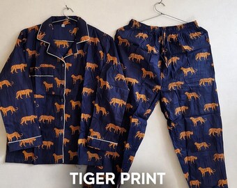 Blue Tiger Print Cotton Pajama Set Women Soft Summer Sleepwear Night Suit With Bag