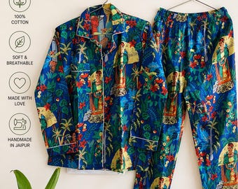 Hand Block Print Baumwolle Pyjama Set | Vollärmel Lounge Nachtwäsche, Handgefertigt in Jaipur