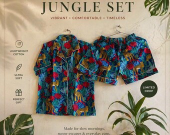 Blue Jungle Print Cotton Pajama Set | Short Sleeve Loungewear for Women