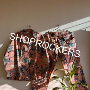 Peach Jungle Print Cotton Pajama Set for Women, Hand Block Print Night Suit, Sleepwear