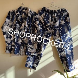 Set pigiama in cotone blu con stampa a blocchi "mano di scimmia", pigiama indiano fatto a mano