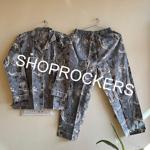 Completo pigiama da donna in cotone grigio con stampa a blocchi "mano di scimmia", completo da notte indiano