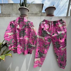 Women's Cotton Pajama Set, Pink Jungle Hand Block Print, Breathable Pajamas for Yoga