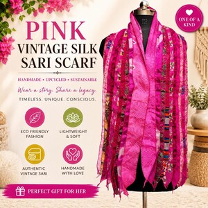Saree silk scarf pink vintage, recycled Indian wrap shawl, sari head scarf
