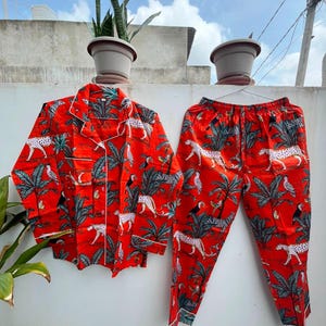 Women's Cotton Pajama Set, Jungle Hand Block Print Sleepwear, tropical sleep set