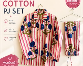 Hand Block Print Baumwolle Pyjama Set | Rosa Streifen Blumen Nachtwäsche, Jaipur Craft