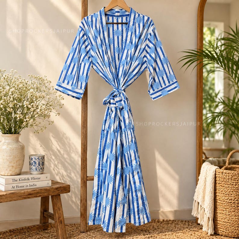 Blue Patterned Robe Women Blue Striped Sun Printed Long Robe Full Sleeve V-neck Elegant ...
