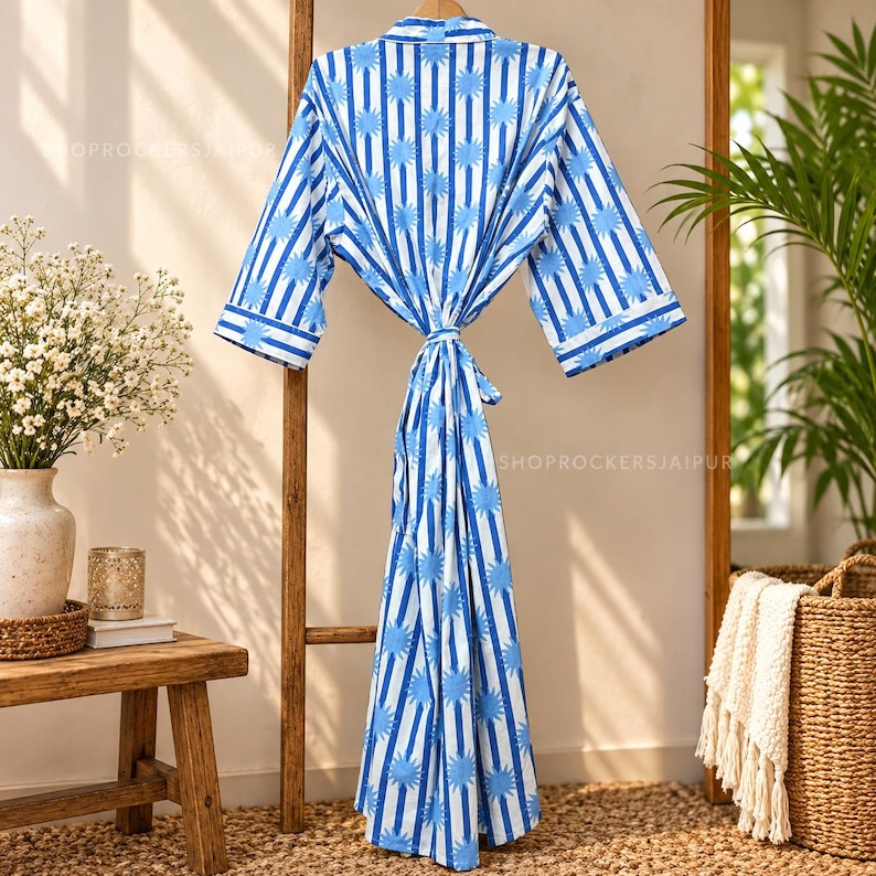Blue Patterned Robe Women Blue Striped Sun Printed Long Robe Full Sleeve V-neck Elegant ...