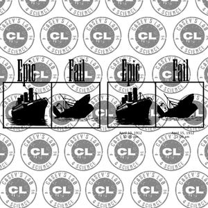 Puede incluir: Una ilustración en blanco y negro del hundimiento del Titanic. La imagen está dividida en tres secciones, cada una con un título: "Épico", "Fallo" y "Fallo". La primera sección muestra al Titanic navegando sin problemas, la segunda muestra al barco hundiéndose y la tercera muestra al barco hundiéndose aún más. Las fechas y horas "10 de abril de 1912 12:00 pm" y "15 de abril de 1912 2:00 am" están incluidas en la imagen.