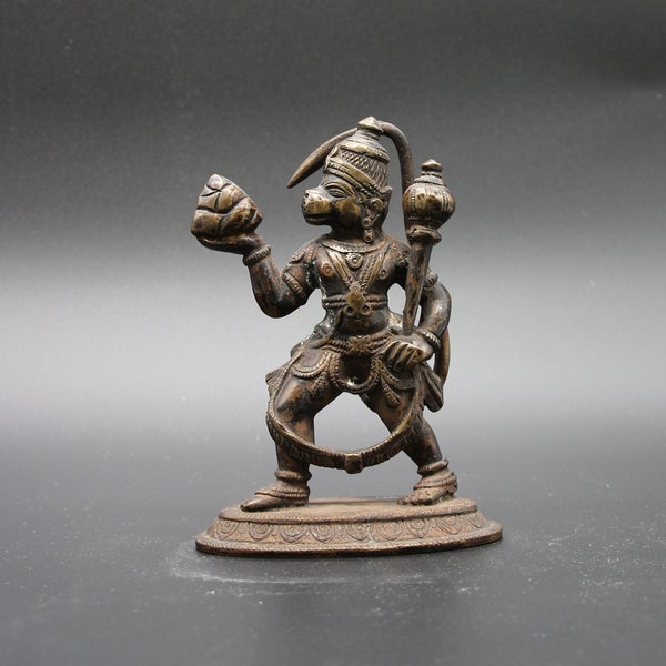 Antik: indische Hanuman Statue, Affengott aus Bronze, indisches Dekor, hinduistisches Idol, Hanuman Jayanti, Keule und Heilkräuter