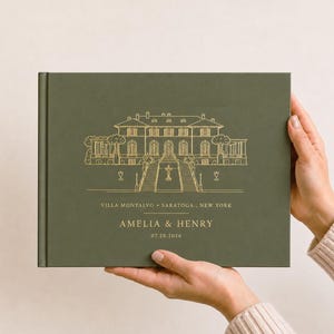 May include: A landscape-oriented olive green hardcover book featuring a gold foil line drawing of a large estate. The text reads Villa Montalvo, Saratoga, New York, Amelia & Henry, and the date 07.28.2026 printed in gold lettering on the front cover.