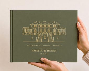May include: A landscape-oriented olive green hardcover book featuring a gold foil line drawing of a large estate. The text reads Villa Montalvo, Saratoga, New York, Amelia & Henry, and the date 07.28.2026 printed in gold lettering on the front cover.