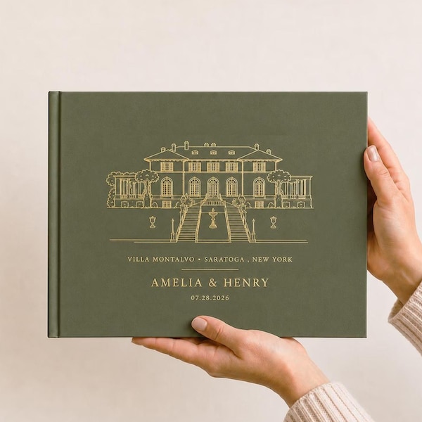 May include: A landscape-oriented olive green hardcover book featuring a gold foil line drawing of a large estate. The text reads Villa Montalvo, Saratoga, New York, Amelia & Henry, and the date 07.28.2026 printed in gold lettering on the front cover.