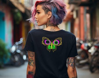 May include: Black t-shirt with a green and pink butterfly design on the back. The butterfly has a skull in the centre.