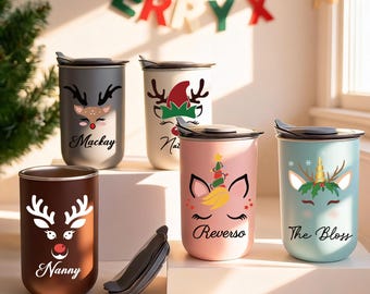 Custom Christmas Reindeer Cup with Name, Stainless Steel Insulated Tumbler, Festive Holiday Drinkware Gift