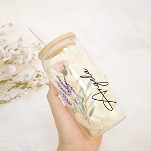 Personalized Birth Flower Tumbler with Name & Bamboo Lid - Glass Coffee Cup (16oz) | Bridesmaid Gift