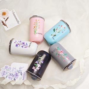 Personalized stainless steel tumbler with name, Custom Insulated Travel Mugs, Birth Flower Tumbler, bridesmaid gift cup