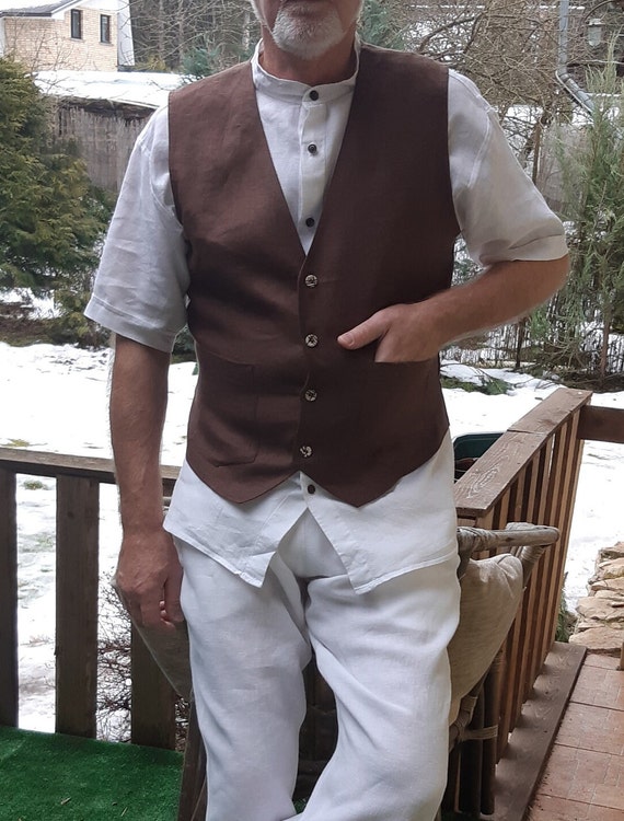 Linen Single Breasted Men's Suit Vest, Formal Event Flax Vest, Vintage Small A Vest Waistcoat, V Neck With Pockets Casual Business Vest