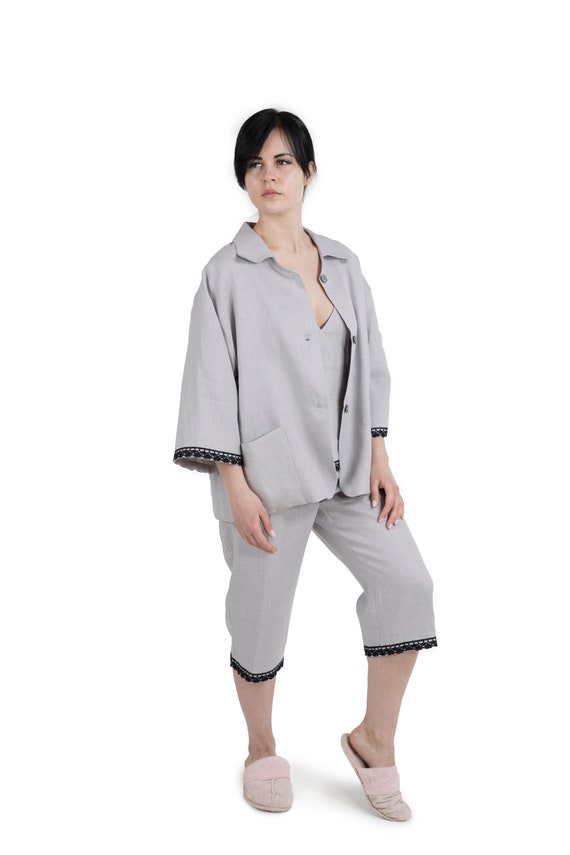 Women's Lace Linen Pajamas Half Jacket With Half Pants, Home Flax Set, Casual Wear, Camisole And Pants, Stylish Everyday Natural Clothing