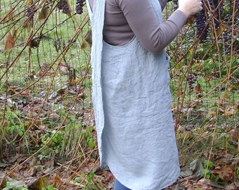 Linen Pinafore Apron, Cross Back Flax Apron, Everyday Wrap Dress with Pocket, Full Apron, Family Anniversary Birthday Dinner Party Apron,