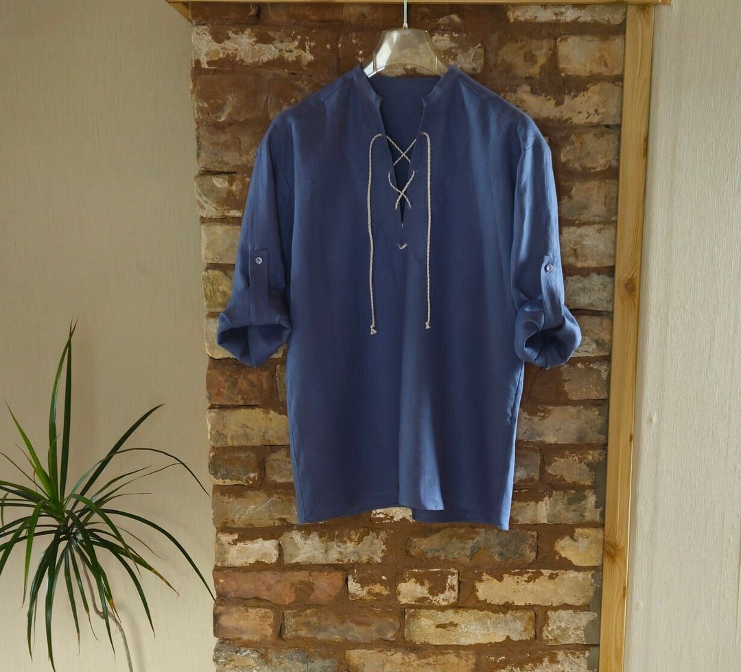 Men's Linen Shirt Vneck Summer Shirt Casual Longsleeve Etsy