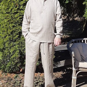 Men's Linen Trousers and Shirt, Flax Summer Suit, Long Straight Pants and an Oriental Style Shirt with Long Sleeves, Casual Men's Outfit image 3