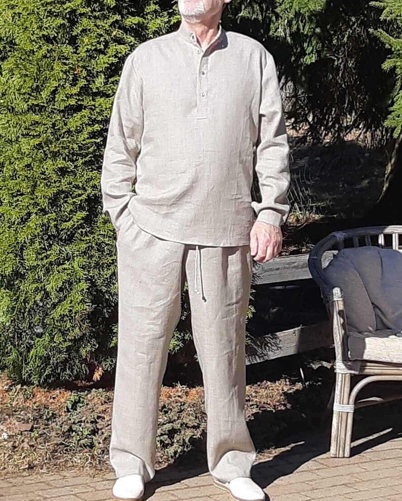 Men's Linen Trousers and Shirt, Flax Summer Suit, Long Straight Pants and an Oriental Style Shirt with Long Sleeves, Casual Men's Outfit image 3