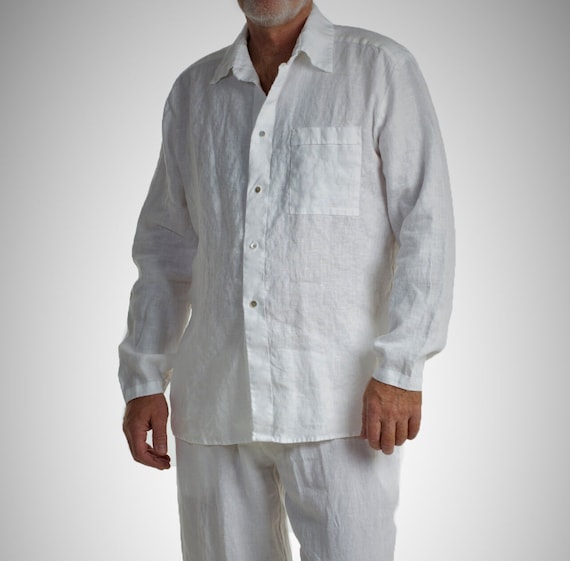 White Linen Button Front High Collar Shirt Men's Flax Shirt Semi Formal Shirt Wedding Party Shirt Regular Fit Classic Casual Men's Clothing