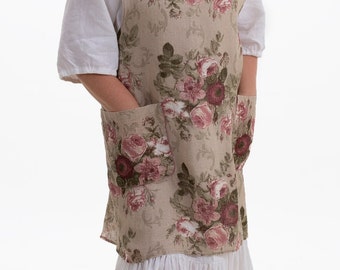 English Rose Pattern Linen Dressing Gown For Women, Two Pockets Apron, Flax Sleeveless Pinafore Dress Cross Back With Rounded Ends, Gift Mom