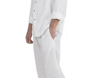 Men's Linen Clothing Pants and Shirt. Classic Male Flax Suit for Hot City Summer. Set for Beach Party. Natural and Comfortable Everyday Wear