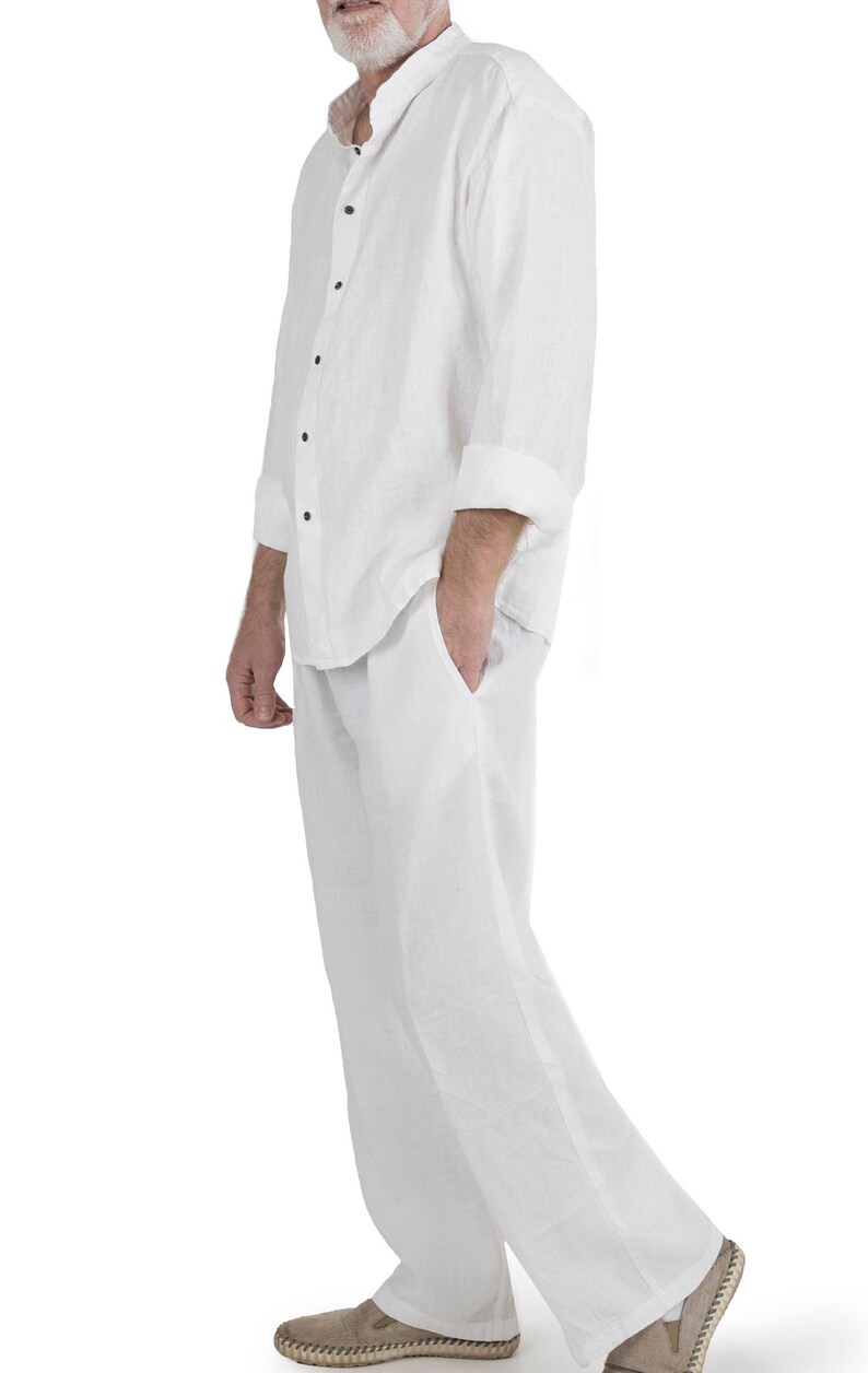 Men's Linen Clothing Pants and Shirt. Classic Male Flax Suit for Hot