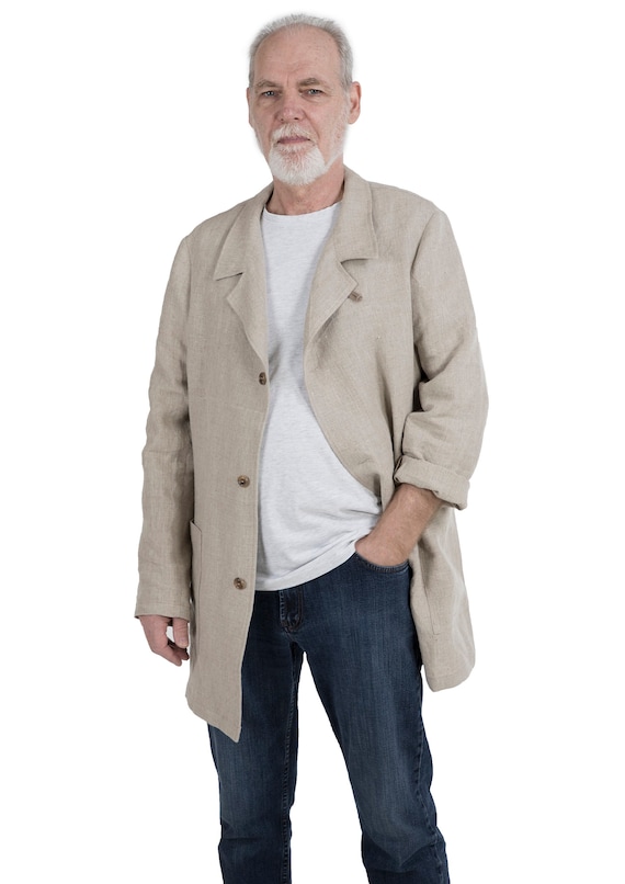 Men's Casual Long Linen Coat, Light Spring Flax Blazer Herringbone Pattern Jacket, Classic Men's Clothing, Business Overcoat For Daily Wear.