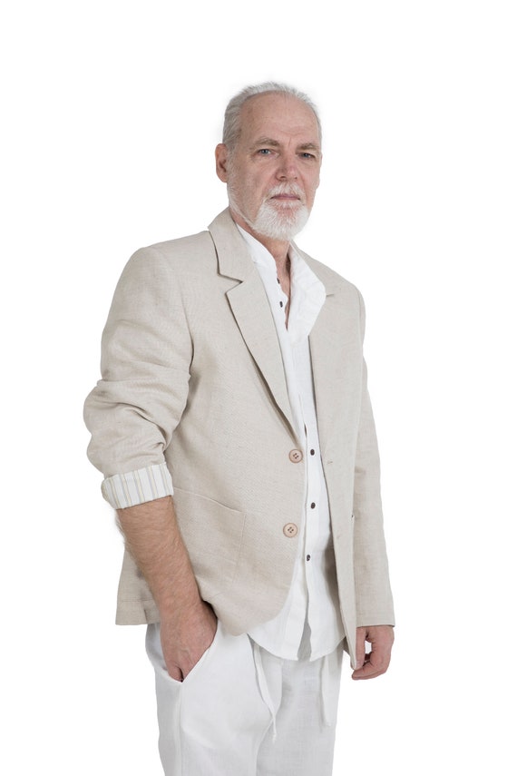 Men's Linen Suit Blazer, Classic Fit Linen Two Button Blazer, Solid Lightweight Overcoat, Wedding Suit Flax Jacket, Casual Fine Natural Suit