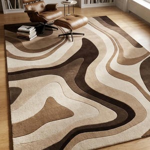 Handgetuft wollen vloerkleed – Abstract 3D geode golf tapijt, modern bruinbeige hoogpolig