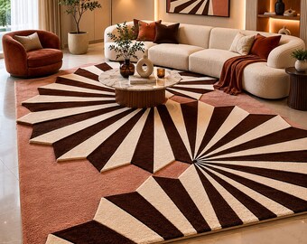 Luxury Geometric Hand Tufted Area Rug for Living Room, Bedroom and Modern Interior Décor, Abstract Fan Pattern Wool Carpet in Pink Brown
