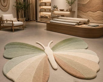 Cute Butterfly Shape Hand Tufted Rug for Kids Room, Pastel Green Pink Wool Carpet, Modern Decorative Floor Rug