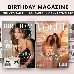 May include: A digital magazine template set titled Birthday Magazine, featuring 70+ fully editable Canva pages. The display shows two magazine covers with birthday themes, including photos of people with cakes, candles, and text like Vogue and Birthday.