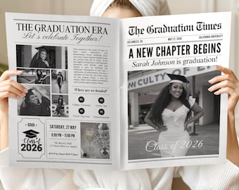 Plantilla de anuncio de graduación para periódico, editable en Canva, para graduados de último año, envoltorio para ramo de flores (descarga digital)